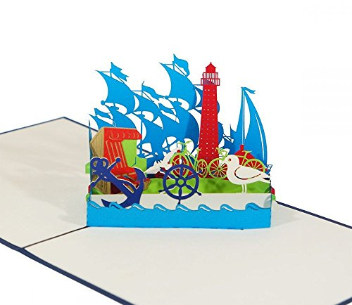 An der Küste - Klappkarte / 3D Pop-Up Karte - Grußkarte mit Möve, Strandkorb, Anker, Leuchtturm und Segelschiffen als Reise-Gutschein, Andenken, Souvenir