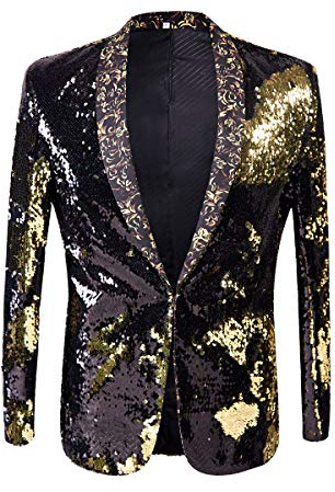 PYJTRL Herren-Blazer mit 2 Farben und glänzenden Pailletten (L, Schwarz/Goldfarben)