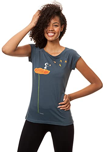 FellHerz Schwalbenzug Bio & Fair s ßes Damen T-Shirt blau-grau aus Bio-Baumwolle fair-Trade Organic Cotton nachhaltig ökologisch verspielt alternativ Mädchen Fee Blume Schwalbe Vögel , Blaugrau, XS