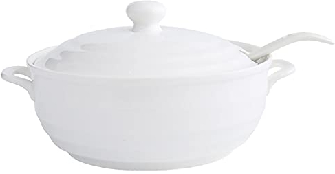 Double Handle Lid Pure White Ceramic Tureen Soup Ceramic Round White Dish Casserole/Clay Pot/Earthen Pot/Ceramic Cookware with White Lid Heat-Resistant,1200ML