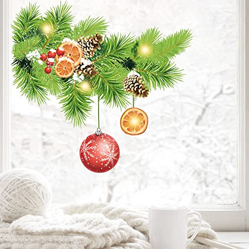 Fensterbild Weihnachten Winter Weihnachtszweig Tannen mit Kugeln und Dekoration, Kinderzimmer Fenster, Weihnachtsdeko, 1. A4 Bogen