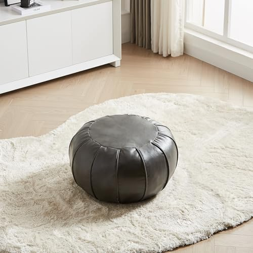 Louis Donné Hochwertiger Kunstleder-Pouf, handgefertigt, ungefüllt, Ottoman-Pouf-Bezug, stilvoller und vielseitiger Fußhocker, runder Sitzhocker, Fußhocker, Bodenkissen (grau)