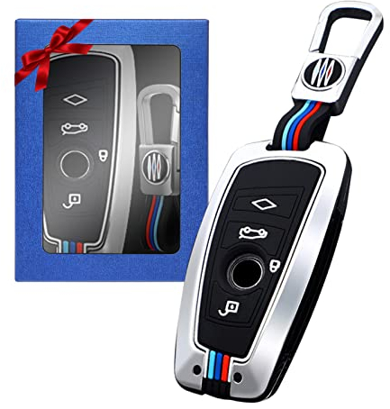 Yumzeco Zinklegierung Autoschlüssel Hülle Keyless Kompatibel mit 1 3 4 5 6 7 Serie X3 X4 3GT 5GT Schlüsselhülle mit Silicone TPU Schlüssel Cover Schutzhülle mit Schlüsselanhänger Silber