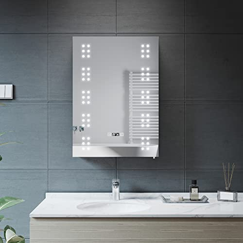 ELEGANT 500 x 700mm Illuminated LED Bathroom Mirror Cabinet with Shaver Socket, Single Door Wall Mounted Stainless Steel Bathroom Cabinets with Dimmable Brightness and Demister Pad