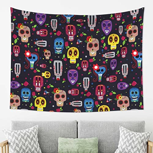 Mexikanischer Halloween-Totenkopf-Wandteppich, 203 x 152 cm, horizontaler Wandbehang, Schlafzimmer, Wohnzimmer, Stoff, Heimdekoration, ästhetischer Wandteppich