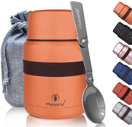 Mebanix Food Flask for Hot Food, Soup | 400ml Stainless Steel Double Walled Vacuum Insulated Leakproof Jar with Folding Spoon | BPA Free | 6 hrs hot 10 hrs cold | For Adults and Kids. Orange