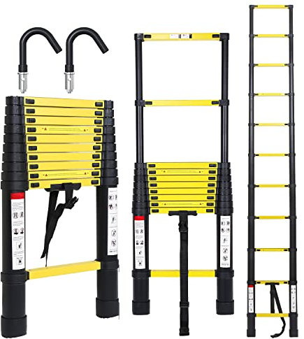 Ikodm Scala telescopica in alluminio con gancio rimovibile 3,2 m, scala allungabile, scala in alluminio antiscivolo, scala multiuso, portata 150 kg, colore nero e giallo