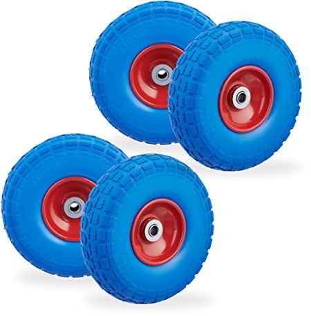 Relaxdays Roue de Diable, Lot de 4, Caoutchouc, 260x85 mm, increvables, 16 mm, 4.1/3.5-4 essieu, jusqu'à 150 kg, Bleu-Rouge