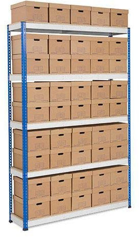 Horison Industries Garage Racking with Boxes, Box Shelving Unit, Garage Storage Solutions with Boxes - Single Sided Archive Storage Blue/grey, Brown Bin with 45 Boxes - 2743x1830x455mm