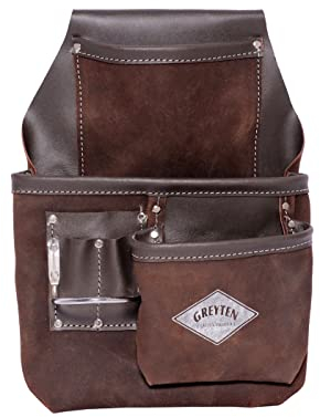 GREYTEN Leather Tool Pouch, 5-Pockets Dark Brown Tool Pouch Bag, 100% Leather Tool Pouch with Belt Clip with Metal Hammer Holder, Plier/Pencil/Knife/Tape Holder & Multi Tools Pockets