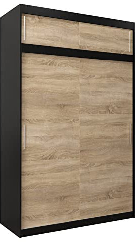 MEBLE KRYSPOL Tokyo 150 Kleiderschrank mit Zwei Schiebetüren für Schlafzimmer – moderner Aufbewahrungsschrank mit Kleiderstange und Regalen – 150x240x62cm - Mattschwarz + Sonoma mit Verlängerung