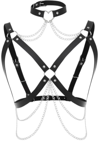 Zookey Gothic Körperkette Schwarz Leder Taillenkette Punk Nachtclub Rave Brust Kette Gürtel BH Schmuck für Frauen und Mädchen, Schwarz , 38