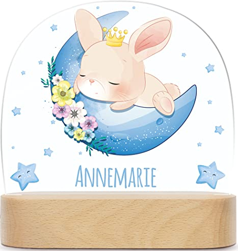 GRAVURZEILE Personalisiertes Kinder Nachtlicht - Mond Design - LED Nachttischlampe für das Kinderzimmer - Personalisierte Geschenke für Kinder & Babys - Geschenk zur Geburt - Babygeschenk - Hase