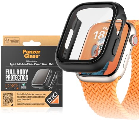 PanzerGlass™ Protezione Schermo per Apple Watch 9/8/7 45mm - Custodia Protettiva D3O® a Copertura Completa contro Graffi e Urti, Realizzata in Vetro Temperato, Colore Nero