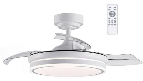 wonderlamp - Ventilador techo LED ILSA MINI con Aspas Retráctiles, Motor DC Silencioso, 3 CCT Regulable 45W, Blanco