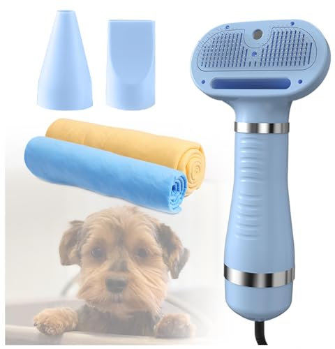 Soffiatore per Cani Portatile, 4 in 1 Con Spazzola, 3 Impostazioni Temperatura Regolabile Spazzola Phon per Cani, E Panno Super Assorbente per Cani e Gatti,blue