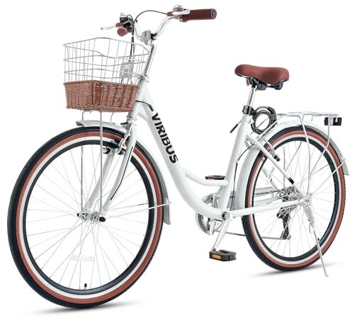 Viribus Women’s Comfort Bike, 66 cm 7 Speed Bicycle for Women, Beach & City Cruiser Bike with Shimano Derailleur Rattan Basket Steel Rack, Step Through Bike for Women Adults, White