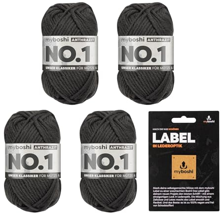 myboshi No.1 Wolle zum Häkeln und Stricken, Schnellstrickgarn, inkl. Label, Strickwolle, Häkelwolle, mulesing-frei, Ll. 55m /50g, 30% Wolle (Merinowolle) Grau (Anthrazit) 4 Knäuel