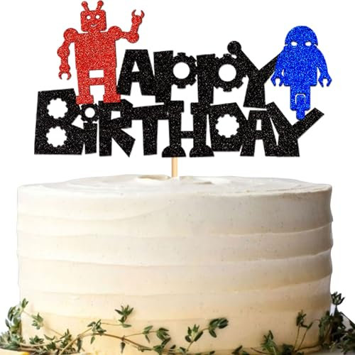 Blumomon 1 x Robot Happy Birthday Cake Topper Glitter Robot Cake Decorations for Baby Shower Children Birthday Party Decoration Supplies