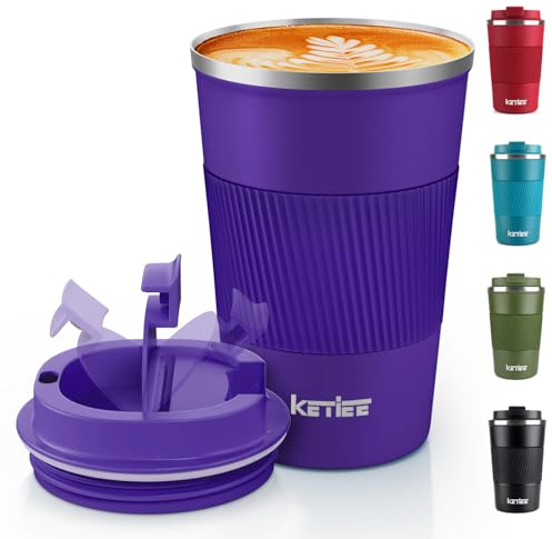 KETIEE Kaffeebecher to go,380ml Thermobecher Kaffee-to-go,Kaffeebecher Thermo,Doppelwandig Reisebecher Travel Mug,Vakuum Isolierbecher mit auslaufsicherem Deckel für Kaffee und Tee,Tiefes Lila