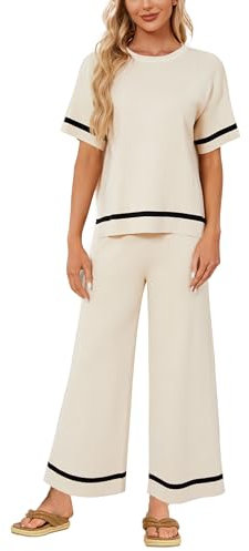 Zweiteiler Damen Elegant Hausanzug Damen Kurzarm Gerippt Lounge Sets Rundhals Strickpullover Oberteil Weites Bein Hosen Einfarbig Casual Freizeit Travel Outfit