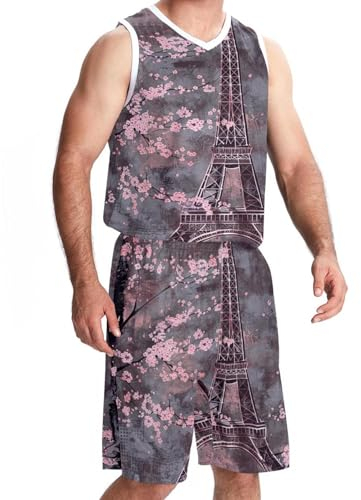 FNETJXF Basketball Trikots Shorts Sport Set Outfit Tank Top Track Shorts Herren Basketball Trikot Paris Blüte Eiffelturm Lila, Muster 908, M