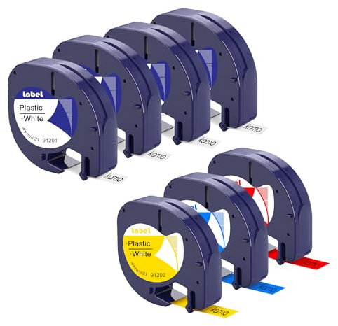 7x kamo Schriftbänder (12mm x 4m) kompatibel Dymo LetraTag Bänder 91201 91221 Weiß/Rot/Gelb/Blau, für Beschriftungsgerät LT-100H, LT-100H Plus, LT-100T, LT-100T Plus, XM, XR, 2000, QX50, 200B