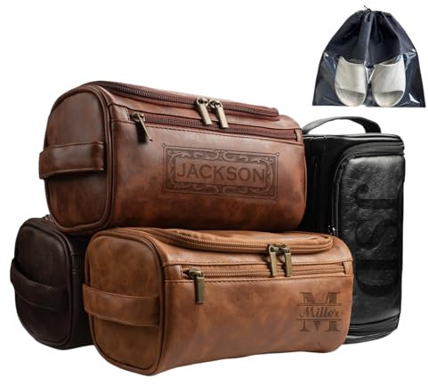 Trousse de toilette en cuir personnalisée pour hommes, sac de voyage avec nom personnalisé, sac de rangement en cuir PU, grande trousse de toilette avec poignées latérales et Doop Kip, cadeau de père,