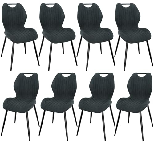 WAFTING Esszimmerstühle 8er Set, Gepolsterter Stuhl mit Hohe Rückenlehne aus Stoff und Schwarz Lackierte Metallfüße, für Esszimmer, Schlafzimmer und Empfang, Helles Schwarz