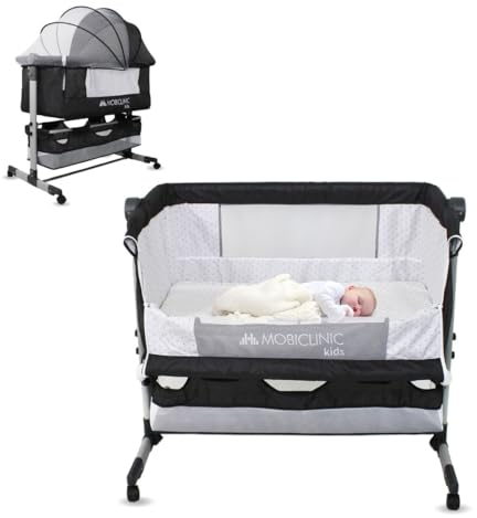 Mobiclinic®, Cuna 3 en 1, Night, Altura Ajustable, Colchón, Mosquitera, Ruedas 360º, Correas de Sujeción, Cesta de Almacenamiento, hasta 20 kg, Negro
