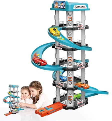 Kids Pretend Play Car Parking Lot Set, Tower Garage Race Track, Multi Storey Large Parking Lot with Street Loop