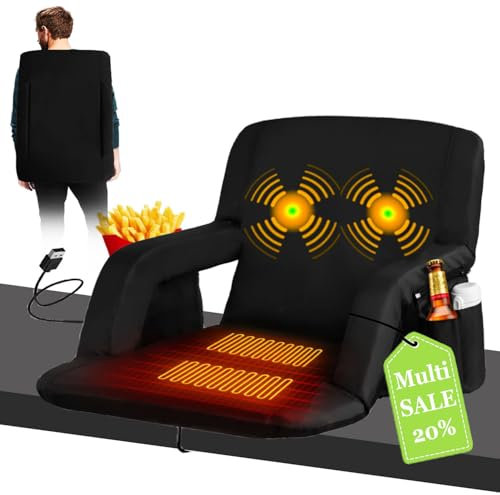 TIMSATIO Heated Stadium Seat with Back Support, 3 Level Heating & Massage, 4 Pockets, Portable, 20 x 18 x 17 inches (Black, Heated Massage)