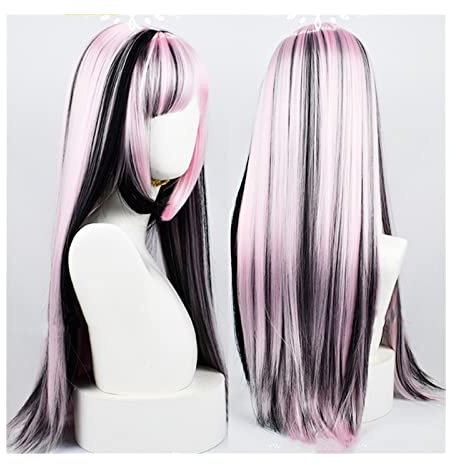 Table à Café Perruque de cheveux synthétiques longs et raides avec frange, reflets rose clair perruque de cosplay noire perruque de fête synthétique résistante à la chaleur naturelle pour Salon, Salle