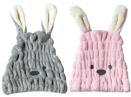 Jodsen 2 Pcs Bonnet Seche Cheveux Secs Serviette de Sèche Cheveuxs Microfibres Turban avec Oreilles de Lapin Cheveux à Séchage Rapide Bonnet de Bain à Séchage Rapide Super Absorbante pour Femmes