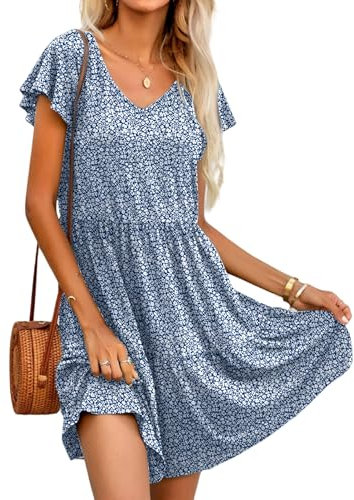 HOTOUCH Womens Dresses Summer Casual Short Sleeve V Neck Dress for Women Ladies Ruffle Tiered Dress with Pockets Flower Blue M
