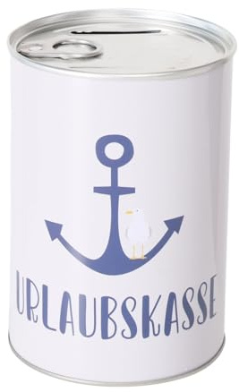 Boltze Home Spardose Sparschwein mit Schriftzug Urlaubskasse Maritim Metall Sparbüchse Geldgeschenk Geschenkidee Geldspardose Metallspardose 8,5 x 12,3 cm