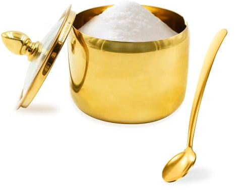 10.5oz Gold Stainless Steel Sugar Bowl with Lid and Spoon, Small Sugar Container for Coffee Bar, Drum Shape Sugar Cube Holder, Spice Jars for Countertop, Kitchen Ghee Container (1pcs)