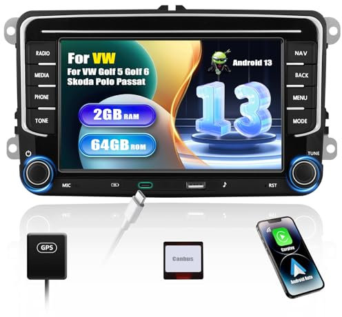 SIXWIN 2+64G Android 13 Autoradio für VW Golf 5 Golf 6 Skoda Polo Passat Tiguan Touran mit Carplay/Android Auto/Mirrorlink, 7 Zoll Kapazitive Touchscreen mit WiFi GPS FM/RDS Bluetooth