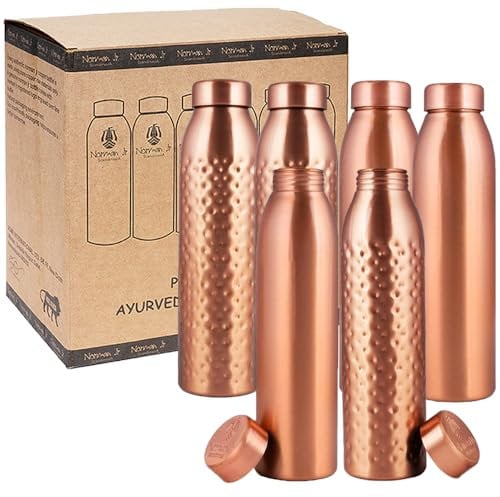 NORMAN JR Botella de agua de cobre de 1L - Caja regalo de 6, Liso 3, Martillado 3, Un recipiente ayurvédico hecho de cobre puro-Te ayuda a beber más agua, con muchos beneficios para la salud.