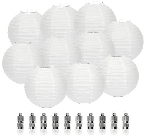 Meisax 10 Stücke Lampions mit Dochte 30cm Rund Papier Lampenschirm Weiß Papierlaterne Classic Bamboo Style Papierlampion für Hochzeitsdeko Geburtstag Garten (Weiß, 30CM)