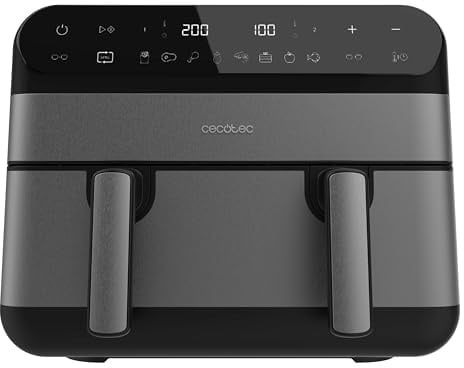 Cecotec Friteuse à Air sans Huile Air Fryer 9L Cecofry Advance 9000 Full Inox. 2800W, 2 Cuves de 4,5L avec Séparateur, Sync, 8 Menus, Température 30-200ºC, PerfectCook, Acier Inoxydable, Panneau
