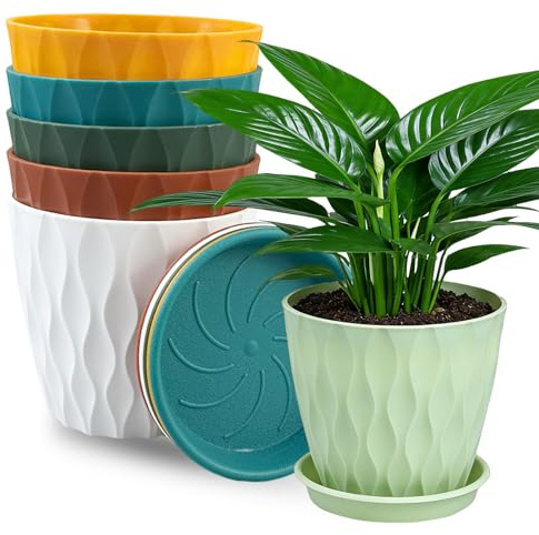 TEYIAN 10cm/4-in Plant Pots Indoor 6 Pack Plastic Flower Pots with Drainage Holes and Saucers Modern Decorative Planters Succulent Indoor Outdoor Plants(6 Colours)