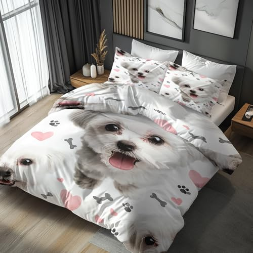 Generisch Bettwäsche 135x200 Malteser Hund Wende Motiv 2tlg, Schlafzimmer Deko, Süße Welpen Tiere Bettbezug und 1 Kissenbezug 80x80, Weiche Mikrofaser Deckenbezug mit Reißverschluss -y690