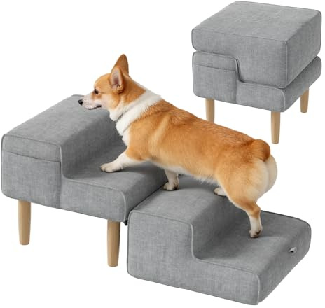Hundetreppe,2-in-1 Haustiertreppe Klappbar Treppe Hund, Hundetreppe für Kleine & Große Hunde, Treppe für Sofa & Bett, 4 Stufen Katzentreppe für Alte Katzen, 35 cm Hoch, Grau