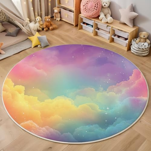 HASLEFND Kinderteppich Rund, Lila Traumthema Bunte Wolken und Sterne, Kurzflor Waschbarer Teppich Extra Weich und Antiallergen für Jungen und Mädchen Spielzimmer 120cm