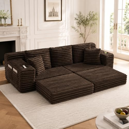 Kuczn Modulares Kompressionssofa, Cordstoff, Boneless Couch mit Schlaffunktion, hoher Rückenlehne und Zusatzkissen beidseitigen Taschen und Getränkehaltern, Für Wohnzimmer und Schlafzimmer