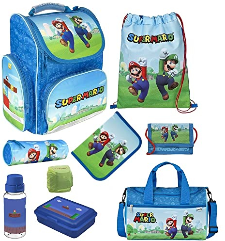 Familando Schulranzen 1. Klasse · ergonomischer Tornister · Schultasche für Jungen und Mädchen (9-teiliges Set mit Sporttasche, Super Mario Game)