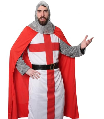 I LOVE FANCY DRESS Adults Knight Costume - English Flag Tunic With Black Belt, Red Cape, Chain Mail Armour Headpiece - Perfect for Sporting Events, English Celebrations