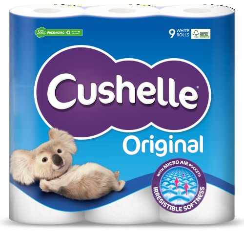 Cushelle Original Toilet Paper Bulk Buy, White 2 ply Toilet Rolls, 9 Count (Pack of 1)