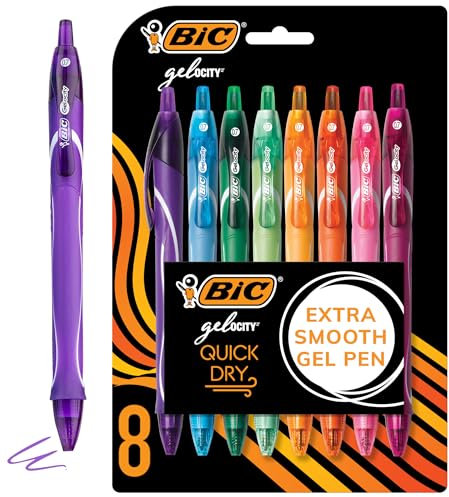 BIC® Gel-ocity - Bolígrafos de gel retráctiles de secado rápido, punta media, 0,7 mm, colores surtidos, paquete de 8
